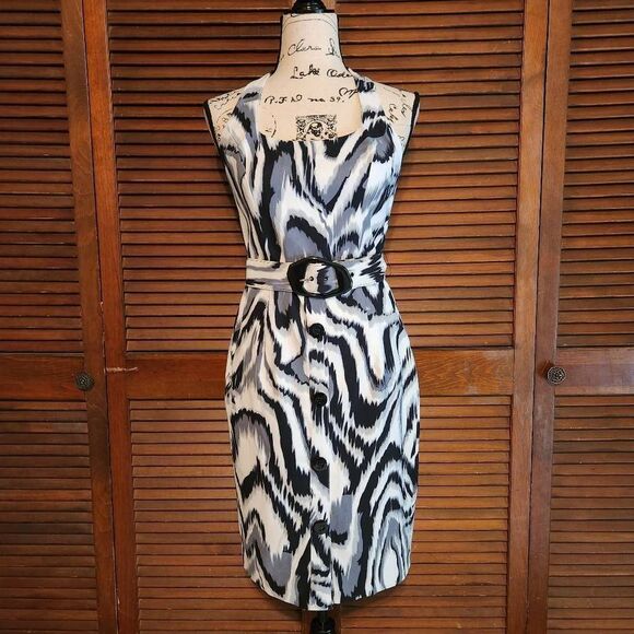 New Cache Y2K Abstract Belted Halter Mini Dress - Picture 1 of 11